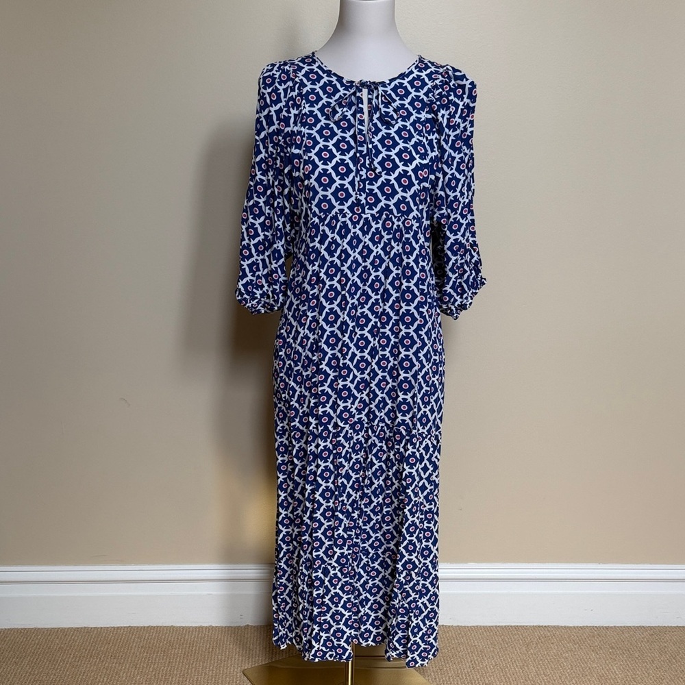 Blue White Geometric Midi Dress Rayon Boho Cottagecore Tie Neck M